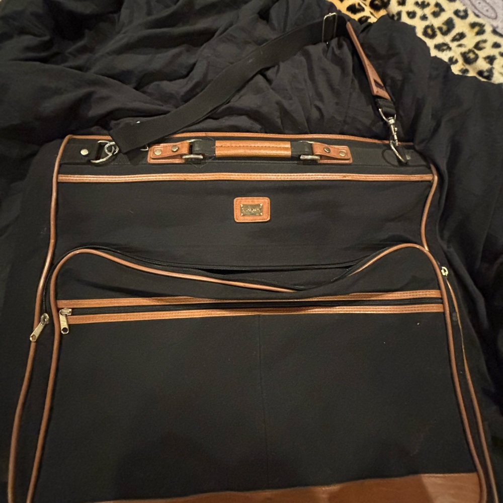 Men's Black Garment Bag with Brown Trim and Shoulder Strap
